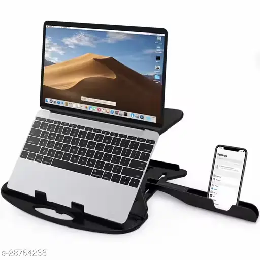 Ample's Height Adjustable Laptop Stand with Phone/mobile stand, Riser Ventilated Portable, Foldable, Compatible with MacBook & Notebook Tablet Tray Desk Table Book (Black)